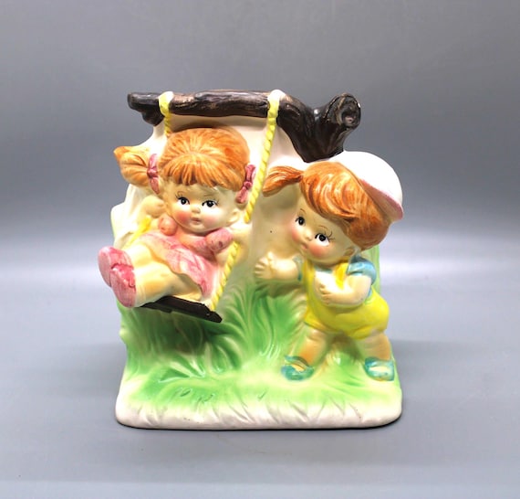 Vintage Planter, Boy Pushing Girl on A Tree Swing, Adorable Girl in Pink  Dress With Boy in Yellow Shortall, Free Priority Shipping - Etsy