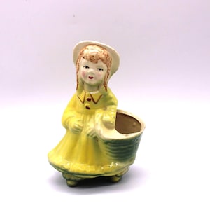 Vintage Shawnee Pottery Girl Planter, Adorable Girl In Yellow Dress And Green Hat With Green Basket, Free Priority Shipping