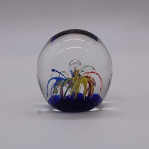 Vintage Paperweight Blown Glass , &quot;Fireworks&quot; Pattern Blue, Green, Orange, Yellow And Blue, Beautiful, Free Priority Shipping