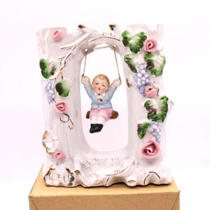Vintage Royal Japan Vase, Tree Trunk Double Walled Vase With Tree Swing And Child, White With Pink Roses, Grape Vines, Greenery & Gold Trim