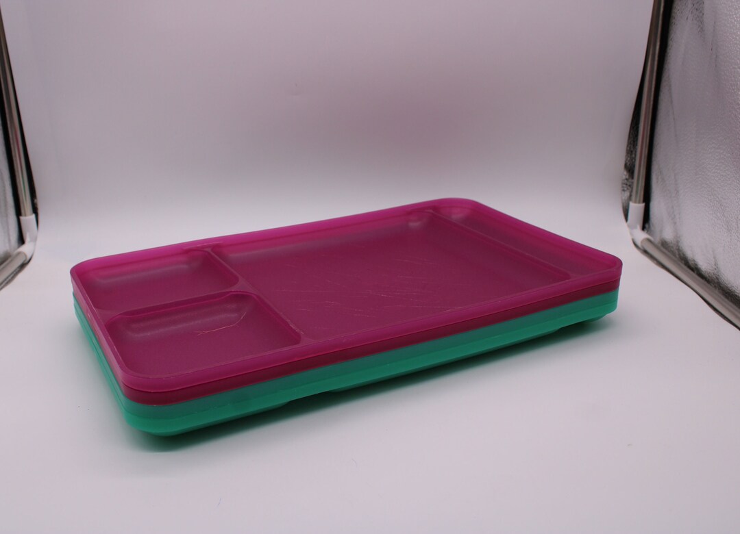 Vintage Tupperware Divided Lunch Trays, Set of Four Purple and Teal Plastic Lunch Trays, Free