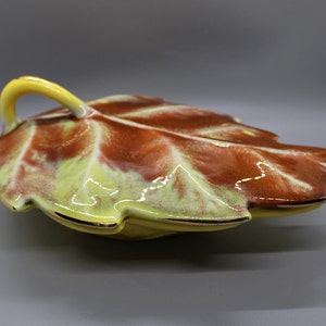 Vintage California Pottery USA #810 Leaf Lidded Serving Dish With Handle, , Very Beautiful Oranges, Yellows, Greens, Trimmed In Gold