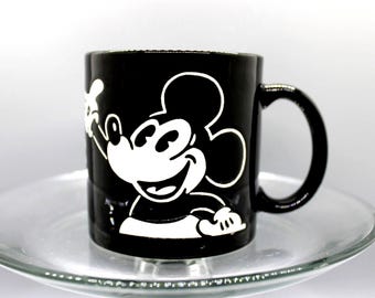 Vintage Disney Mickey Mouse Mug/Cup, Black And White Embossed Mickey, "Pie Eyed" Mickey Mouse Made In Japan, 1970, Free Priority Shipping