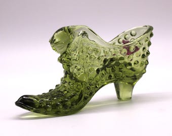 Vintage Fenton Orig Label Hobnail Shoe Glass Slipper Olive  Vintage Fenton Orig Label Hobnail Shoe Glass Slipper Olive Green with Sticker main image 1