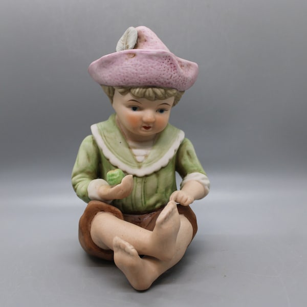 Vintage Piano Boy, Large Bisque Porcelain Figure, Barefoot Boy, Wearing Shorts And A Feathered Hat, Andrea By Sadek, Free Priority Shipping
