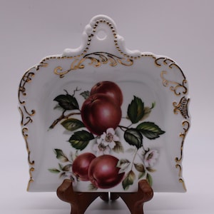 Vintage Wall Apple Ceramic Dustpan Wall Piece, Handpainted Apples, Apple Blossoms, Gold Trim, Signed Dotty Haupt 1983 Free Priority Shipping