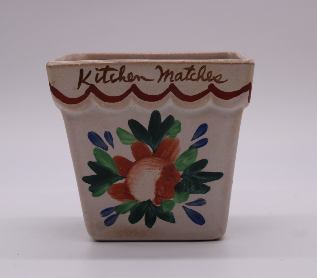 Vintage Match Holder Wall Pocket kitchen Matches, Redware Pottery Wall Pocket, Hand Painted