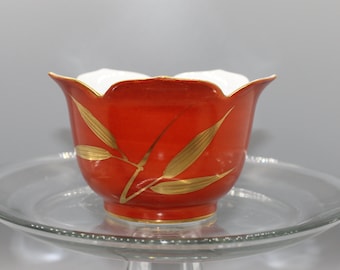 Vintage Asian Porcelain Lotus Bowl, Stamped On Bottom, Burnt Orange With Gold Leaves Gold Trim Beautiful Vintage Bowl Free Priority Shipping