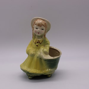 Vintage Shawnee Pottery Girl Planter, Adorable Girl In Yellow Dress And Green Hat With Green Basket, Free Priority Shipping