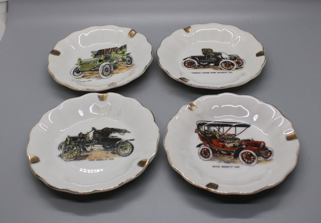 Vintage Ashtrays, Set of Four Porcelain, Antique Cars Ashtrays, Made in