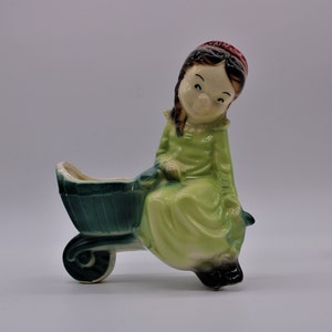 Vintage Shawnee Pottery Planter, Pretty Girl In Green Dress And Red Bonnet With A Green Cart Planter, Free Priority Shipping