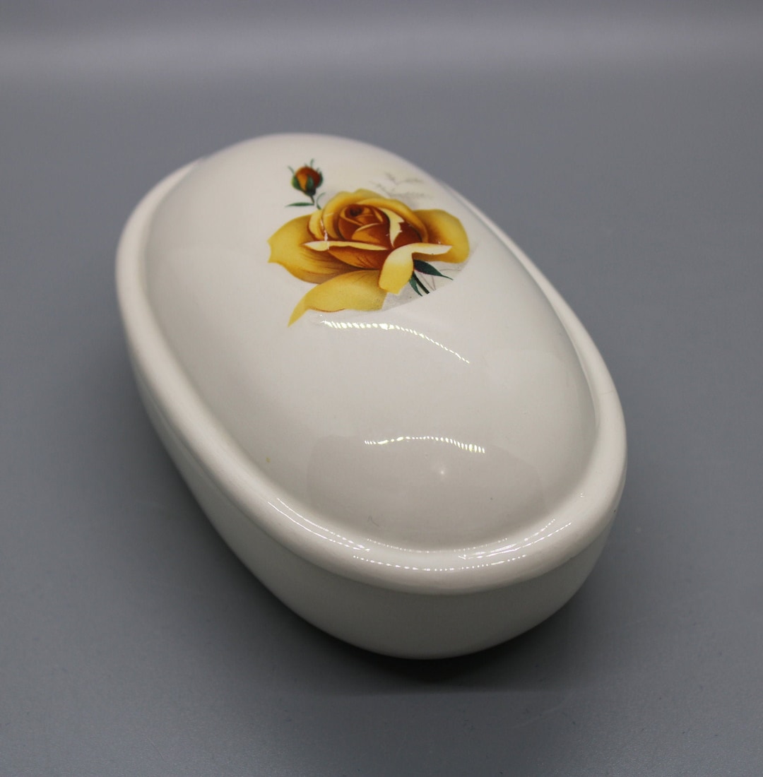 Vintage Dresser Box Duncan Enterprises 1976, Ceramic Yellow Rose on