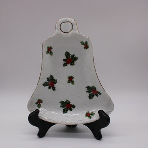 Vintage Lefton China Candy Dish #8191, Bell Shaped Hand Painted Red And Green Holly, Gold Trim Decorated Dish, Free Priority Shipping