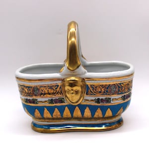 Vintage Basket Magolica Art Pottery Basket, Stunning, Handpainted With Bright Teal, Pinks, Green And Gold, Two Faces On Ends Of Handles