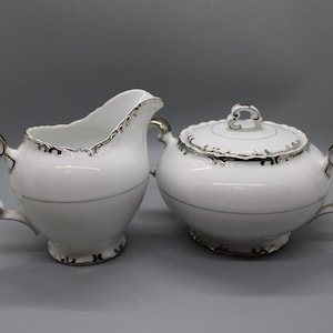Vintage Sugar And Creamer, Princess Silver Baroque Pattern, Beautiful White And Silver Sugar And Creamer, Free Priority Shipping