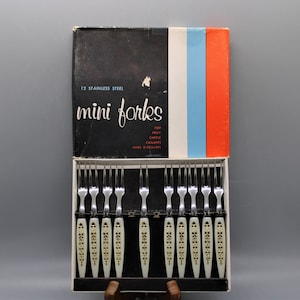 Vintage Appetizer Forks, Mini Forks 10 White With Gold Trim, Stainless Steel, For Hors D&#39;Oeuvres, Cheese, Fruit, Etc  Free Priority Shipping