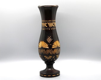 Vintage Artisan Vase Hand Carved Signed Joe Novak, Solid Wood Vase Sunburst, Geometric Lines, Very Pretty Mid 1980's Art Piece One Of A Kind