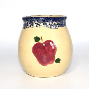 Vintage Alpine Pottery Apple Crock, Roseville Ohio, 5 1/2" H Ceramic Heavy Crock, Apple With Blue Trim On Rim, Free Priority Shipping