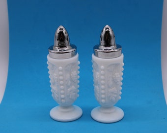 Vintage White Milk Glass Salt & Pepper Shakers, Westmoreland Paneled Grape And Hobnail Pattern, 1940's MCM Shakers, Free Priority Shipping