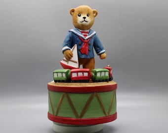 Vintage Bear Schmid Music Box Boy Bear Stands On Drum With Train And Sailboat Plays "Around The World In 80 Days",  Free Priority Shipping