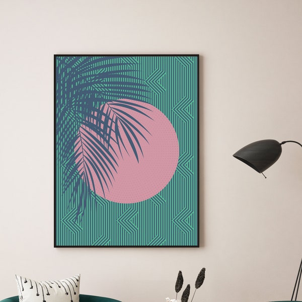 Retro Summer Colourful Digital Print, Palm Tree Minimal Artwork, Sunset Wall Art, Geometric Pattern Downloadable Poster, Teal & Pink sun art