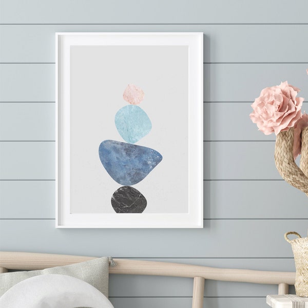 Balancing Rocks Printable Wall Art, Blue and Pink Stacked Stones Print, Minimal Textured Pebbles Artwork, Organic Scandi Poster, Nursery Art