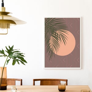 Cyfrowy wydruk palmy, oliwkowo-zielony i brzoskwiniowy obraz ścienny boho, geometryczny wzór do pobrania, sztuka nowoczesna z połowy wieku, plakat retro