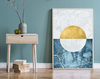Art Deco Geometric Wall Art, Printable Gold and Blue Poster, Digital Download Brass and Marble Print, Mid century Modern Art, Japandi Print