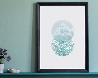 May include: A framed print with a blue and white abstract design. The design features a circle with a cloud inside and a coral-like shape below it.