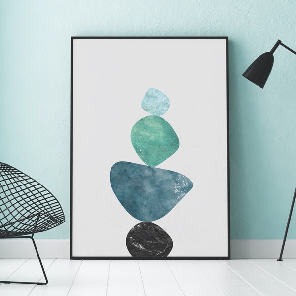 Balancing Stones Printable Art, Teal and Green Stacked Rocks Print, Minimal Coloured Pebbles Yoga Wall Art, Downloadable Scandi Nature Print