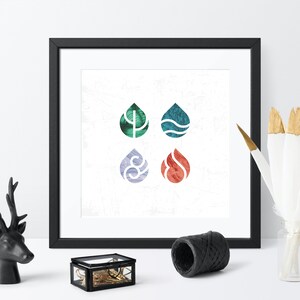 May include: A framed print with four stylized water drop shapes, each with a different color and pattern. The drops are arranged in a 2x2 grid. The colors are green, blue, purple, and red.