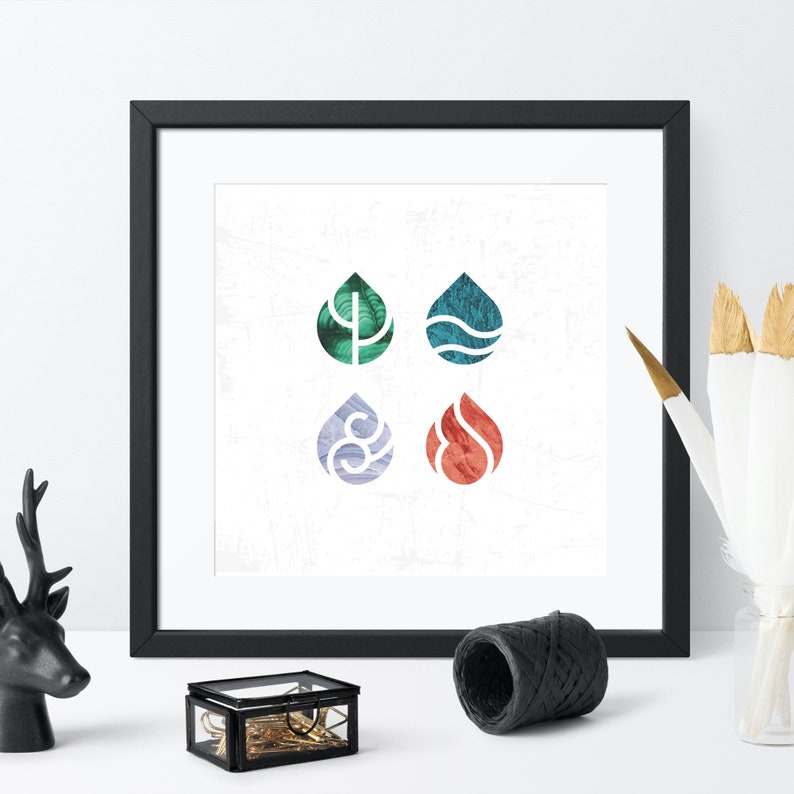 May include: A framed print with four stylized water drop shapes, each with a different color and pattern. The drops are arranged in a 2x2 grid. The colors are green, blue, purple, and red.