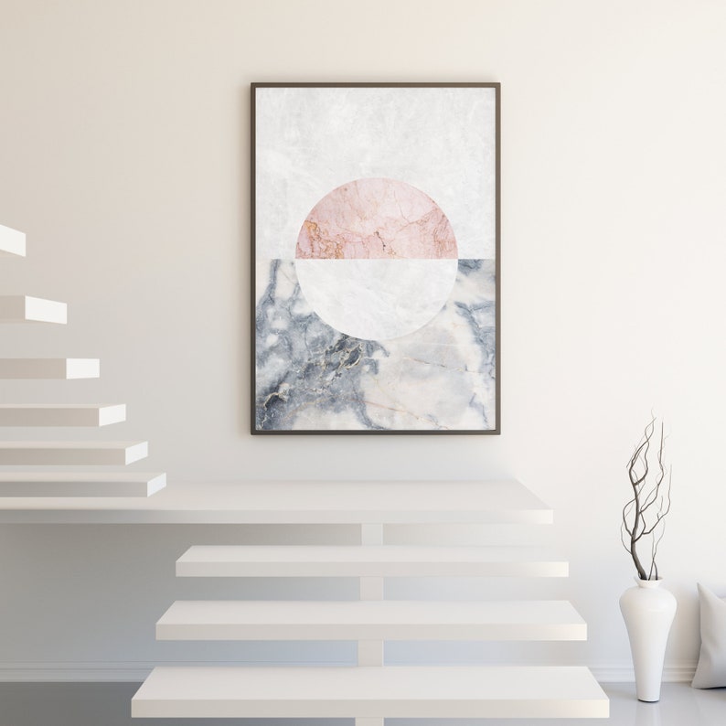 Blush Pink Geometric Print, Art Deco Printable Art, Glam White and Blue