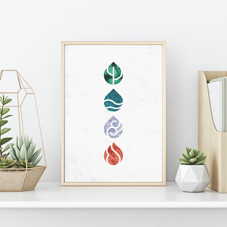 May include: A framed print with a white background and five stylized water droplets in a vertical line. The droplets are in shades of green, blue, gray, and red, and each contains a symbol representing the four elements: earth, water, air, and fire.
