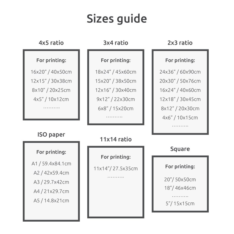 May include: A chart with a guide to different print sizes for photos. The chart includes 4x5, 3x4, 2x3, 11x14, and square ratios. The sizes are listed in inches and centimeters.