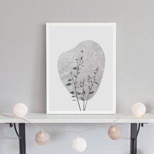 Floral Digital Wall Art, Grey Flower Silhouette Print, Minimalist Charcoal Printable Art, Boho Organic Shape Art, Black & White Scandi Print