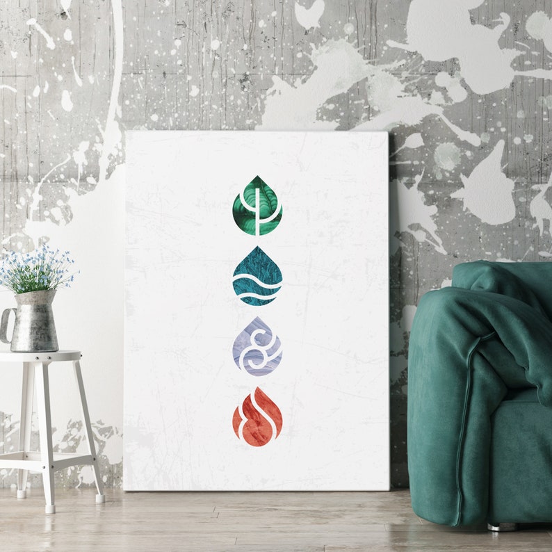 May include: A white canvas print with four watercolor-style symbols in a vertical line. The symbols are a green leaf, a blue wave, a gray swirl, and a red flame. Each symbol is inside a teardrop shape.