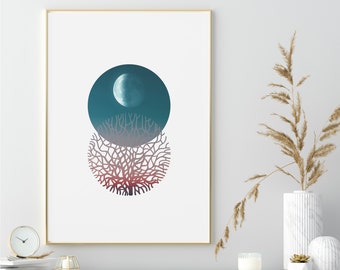 May include: A minimalist art print featuring a stylized coral branch with a crescent moon in a blue circle above it. The coral branch is a gradient of pink and red.