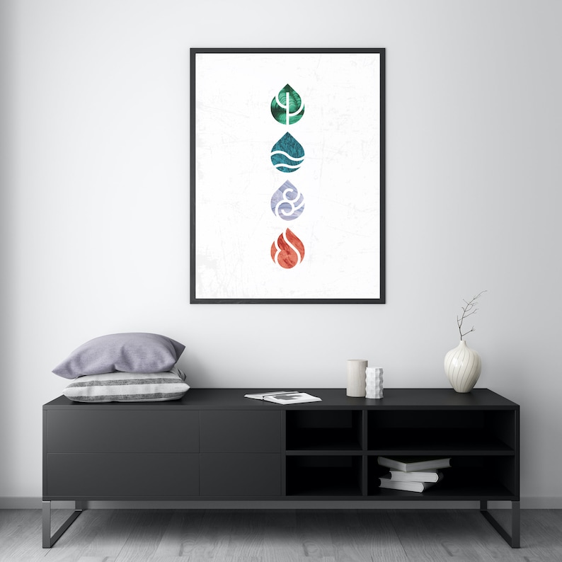 May include: A framed print with a white background and five watercolor-style symbols. The symbols are stylized representations of the four elements: earth, water, air, and fire, and a fifth symbol that is a combination of all four elements.