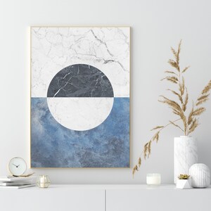 Minimal Art Deco Round Shape Print, Textured Black White Marble wall art, Contemporary Blue Poster, Scandi Geometric Printable, Japandi Art