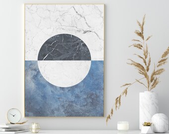 Minimal Art Deco Round Shape Print, Textured Black White Marble wall art, Contemporary Blue Poster, Scandi Geometric Printable, Japandi Art
