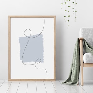 Printable Abstract Line Art, Downloadable Minimal Dusty Blue Wall Art, Scandinavian Organic Poster, Chic Brush Art, Boho Grey Digital Print