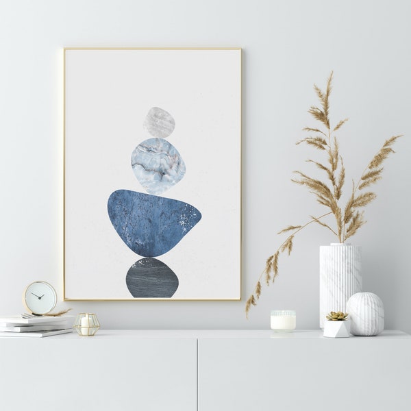 Balance Rocks Downloadable Print, Blue and Grey Stacked Stones Wall Art, Minimal Textured Pebbles Poster, Organic Scandi Art, Yoga Art Print