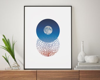 May include: A minimalist art print featuring a stylized coral branch with a full moon in a blue circle above it. The coral branch is a gradient of pink and orange, and the moon is white against a blue sky.