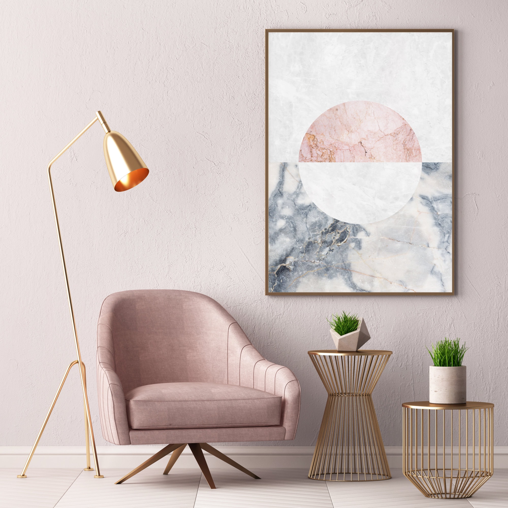 Blush Pink Geometric Print, Art Deco Printable Art, Glam White and Blue