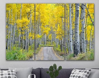 Birch canvas Aspens tree Yellow wall art Road decor Nature poster Landscape art Forest print Birch aspen photo Tree picture White birch