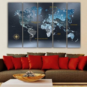 Blue snow World map Canvas Map for Pinning Travel Navy Blue World Map Wall Art Adventure map gift Continent art Textured World Map Hotel