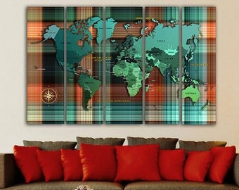 Colorful World map Canvas print art Abstract Green Map Cell color wall art Wood map art Travel canvas Cage wall art Green print wall art
