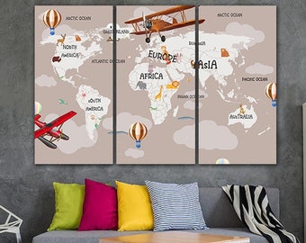 Kids wereldkaart canvas Dier wereldkaart decor Homeschooling Wereldkaart Kids Room Wereldkaart Reizen canvas Kinderdagverblijf wereldkaart Educatieve Wereld