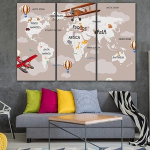 Kids world map canvas Animal world map décor Homeschooling World Map Kids Room World Map Travel canvas Nursery world map Educational World